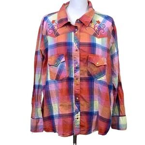 Back in the Saddle colorful plaid snap embroidered western shirt, 2XL, rodeo